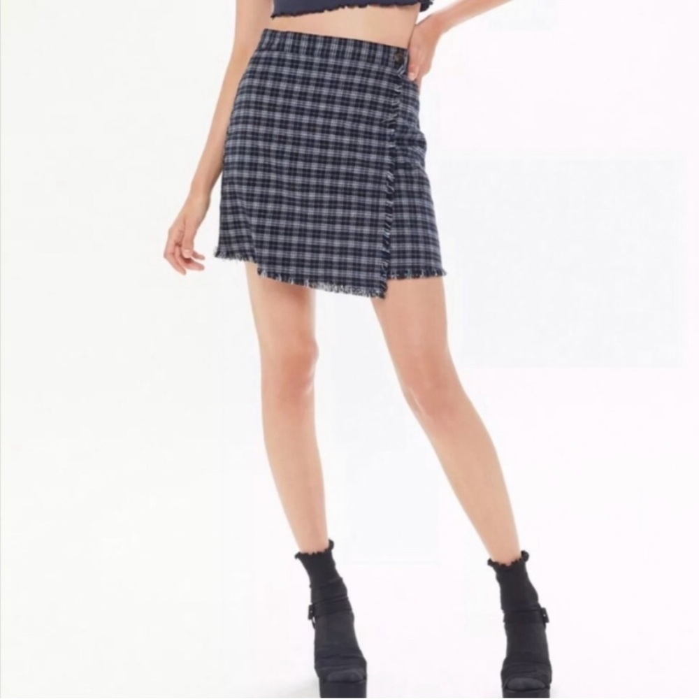 Urban Outfitters Wrapped Button Blue Plaid Skirt